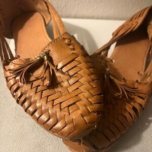 Woven Leather Tassel Flats - Tan